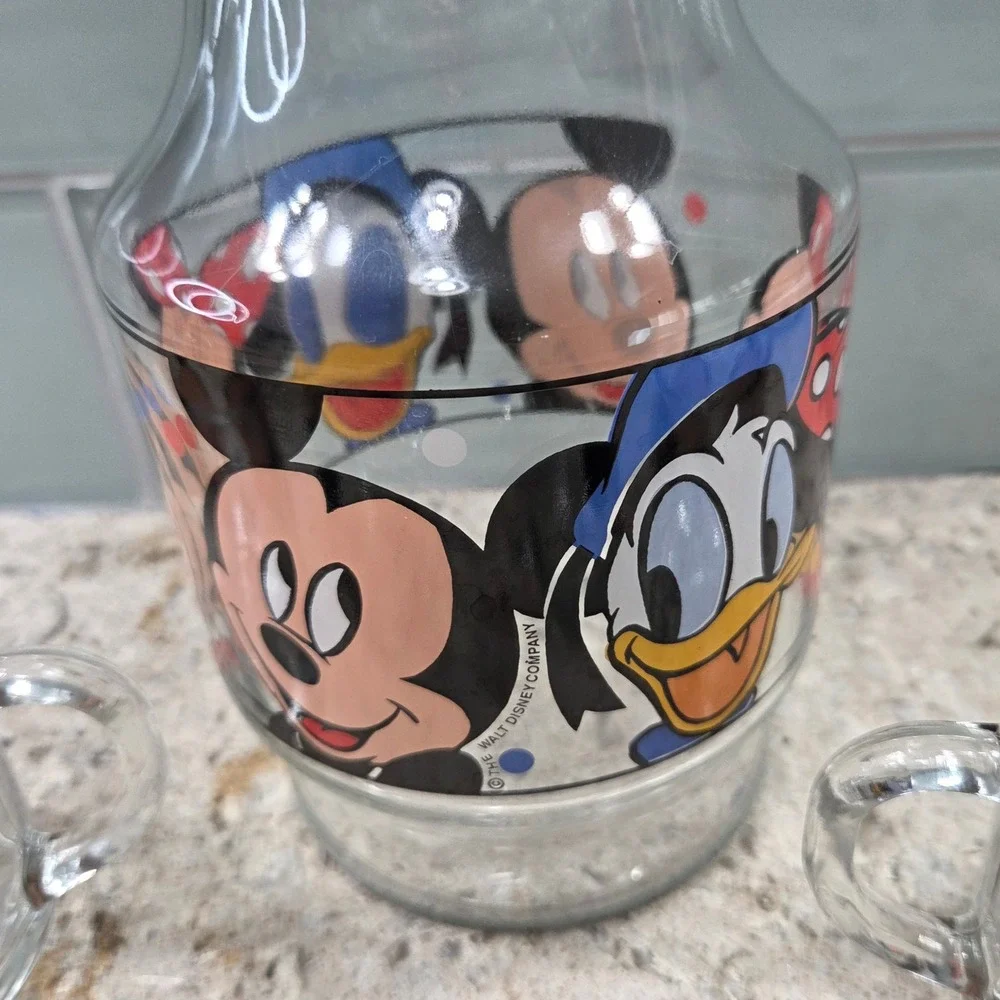 Vintage Anchor Hocking Disney Mickey Mouse Donald‎ Duck Pitcher and Glass Set